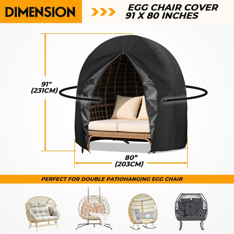 Uthem Double Egg Chair Cover Waterproof 420D Oxford Hanging Outdoor Furniture Covers for Patio Wicker Egg Swing Cocoon Chair, 91x80 Inches, Black - Image 5